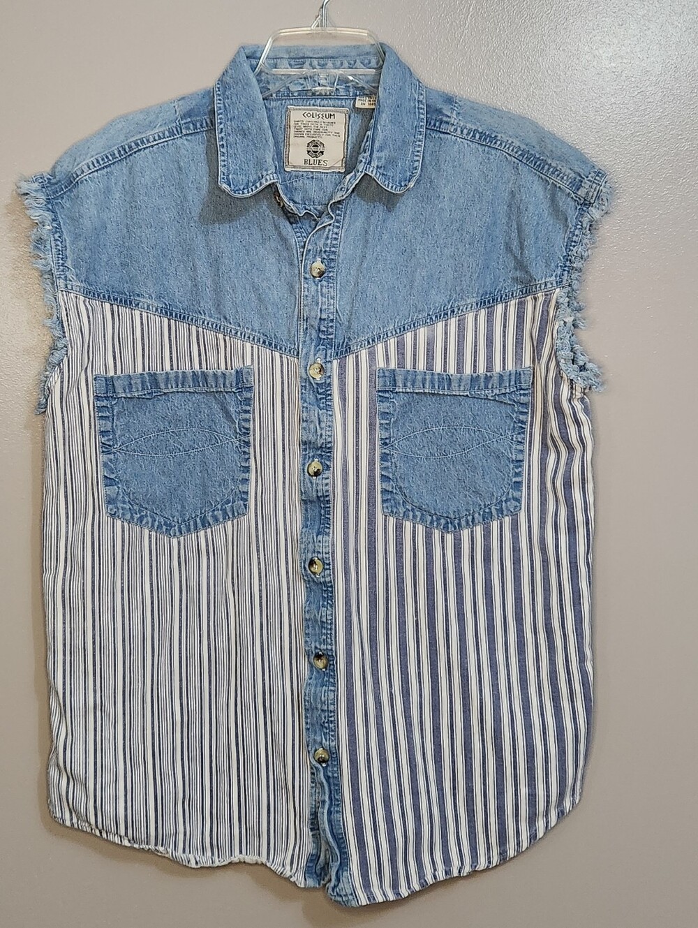 Vintage 90s Coliseum Men's Denim & Striped Button-Down Shirt Size Large